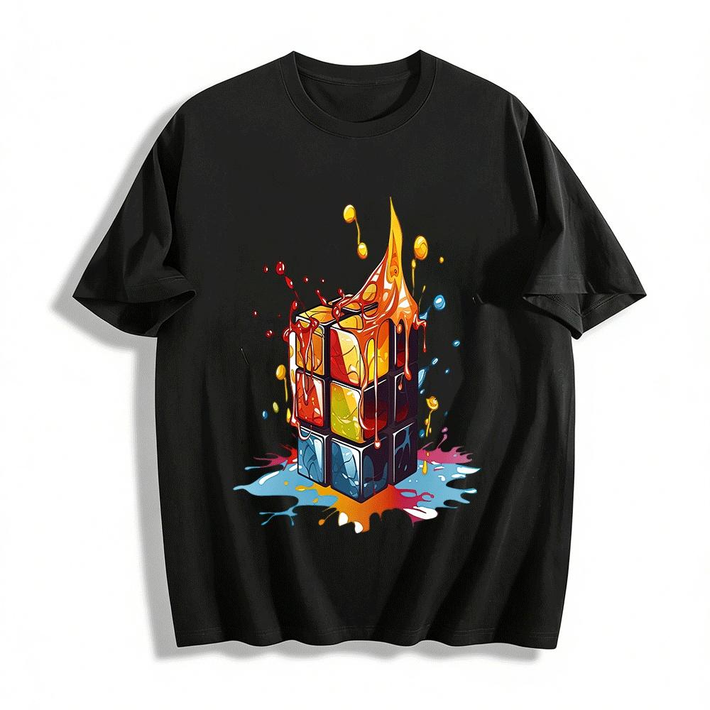 Melting Rubik s Cube Graphic Print Trendy Loose Casual T-Shirt Pure cotton T-shirt XXS