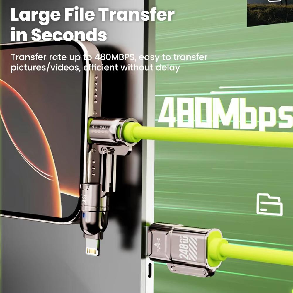 4-in-1 Zinc Alloy Cable 240W Super Fast Charging Multiple Functions Data Cord for iPhone 13 14 15 16 ProMax Samsung Phone Tablet