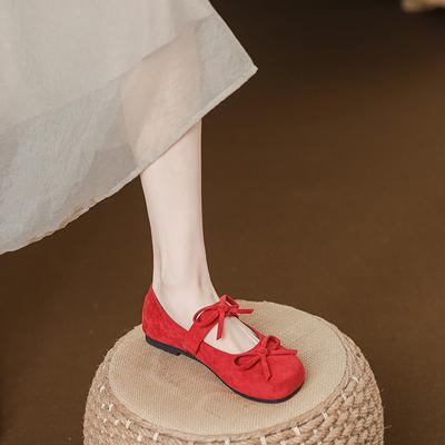 Bow Red Mary Jane Women's Shoes Summer and Autumn 2025 New Single Shoes with Skirts Square Head Suede Shallow Mouth