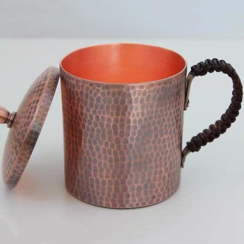 Vintage Red Copper Coffee Cup,Handcrafted Engraving Hammer Texture With lid 500 ml Beer Mug,Woven Handle Tea Cup Tableware