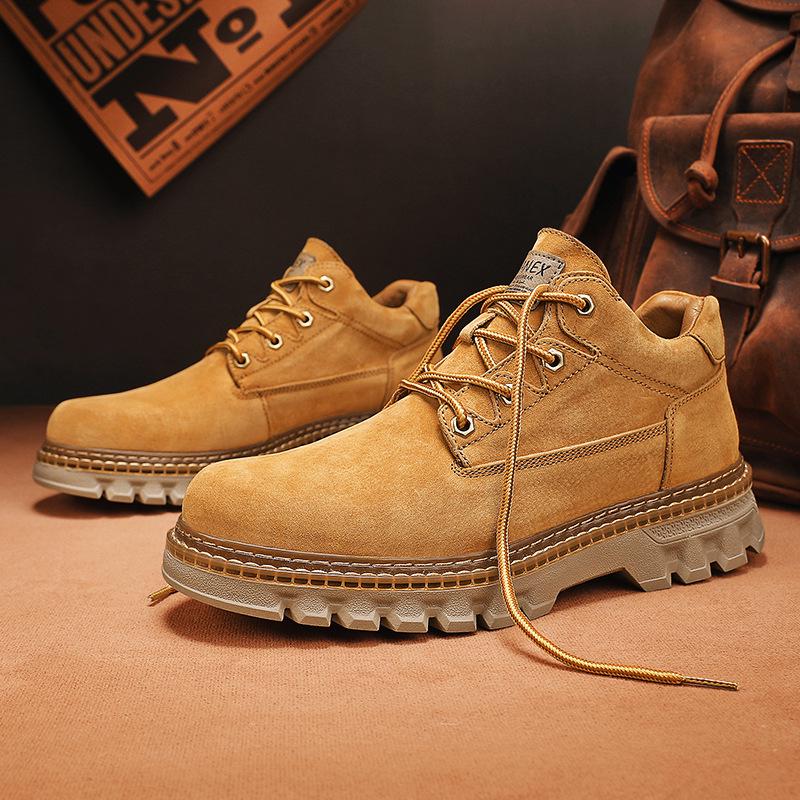 Men's Genuine Leather Outdoor Short Boots, Warm Plus Velvet, Autumn Winter Workwear, Yellow Martin Design.