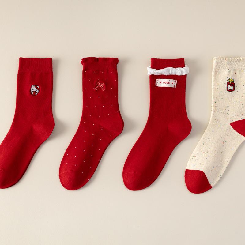 New Year Women's Lucky Red Cat Mid-Calf Socks Gift Box Set