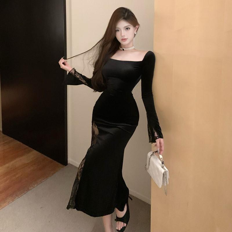 Spicy Girl Women s High-End Velvet Black Lace Slit Dress - French Style, Autumn/Winter 2025 XL чёрный