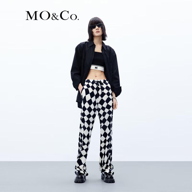 MO&Co. Chessboard Grid Velvet Drawstring High-Waist Casual Pants