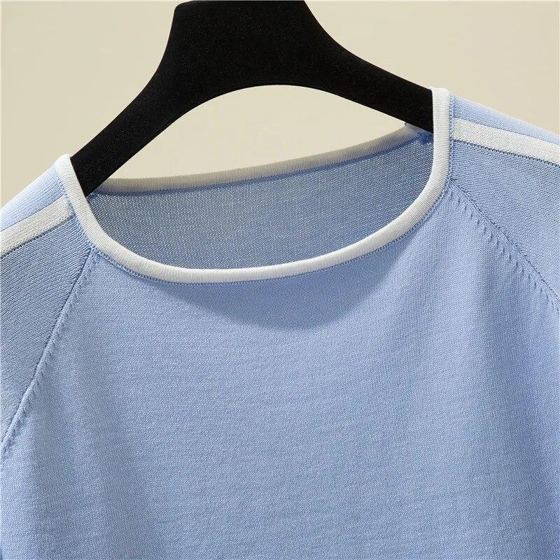Tricou tricotat subțire ocazional Topuri cu mânecă scurtă de vară Haine elegante pentru femei Tricou la modă în dungi