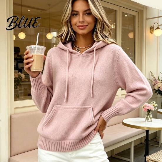 Solid Color Hooded Top Women Knit Hoodie for Fall Winter, Long Sleeve Pullover Sweater Relaxed Fit Hoodies with Front Pocket, Casual Outerwear
