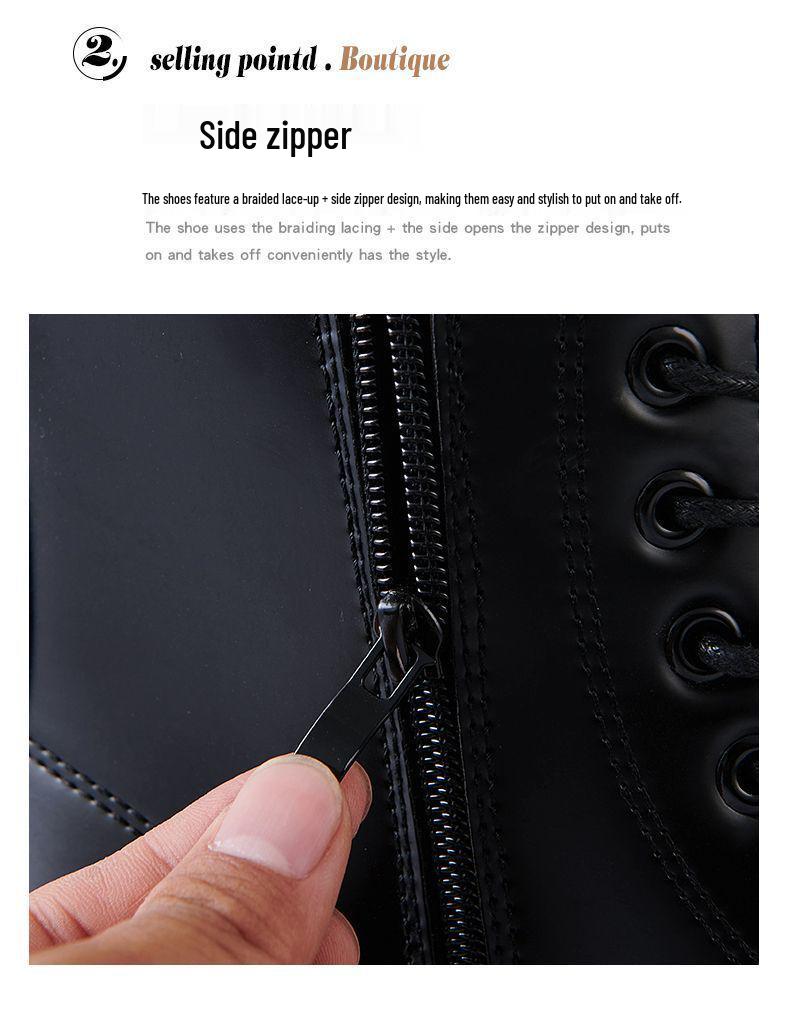 Men's Black Leather High-Top Motorcycle Boots with Side Zipper - British Style for Autumn/Winter