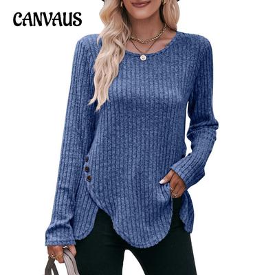 Autumn and Winter Women's Blouse Round Neck Pit Stripes Abrasion Solid Color Long Sleeve Tops