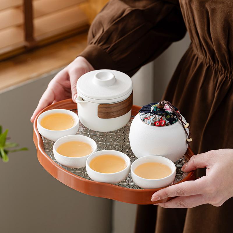 High-end simple Dehua ceramic Yanhe teapot portable four cups outdoor travel tea set tea gift leather bag