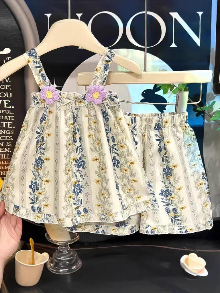 2026 New Korean Style Floral Princess Spaghetti Strap Two-Piece Summer Set for Girls
