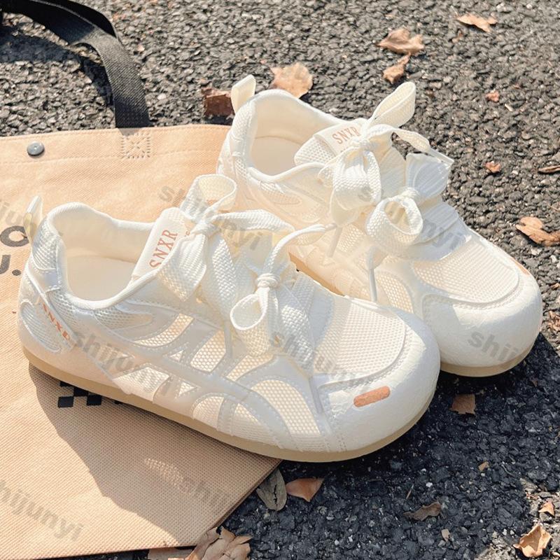 Fashion Women's White Casual Shoes 2025 New Breathable Mesh Fashion Cross Tied Flats Lightweight Comfortable Soft Sole Vulcanized Shoes
