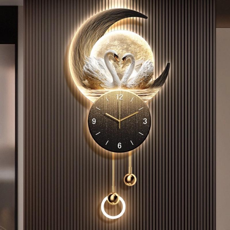 Nordic Living Room Swan Wall Clock Villa LED Digital Clock Restaurant Mute Quartz Clock Luxury Corridor Mural Watch Home Decor