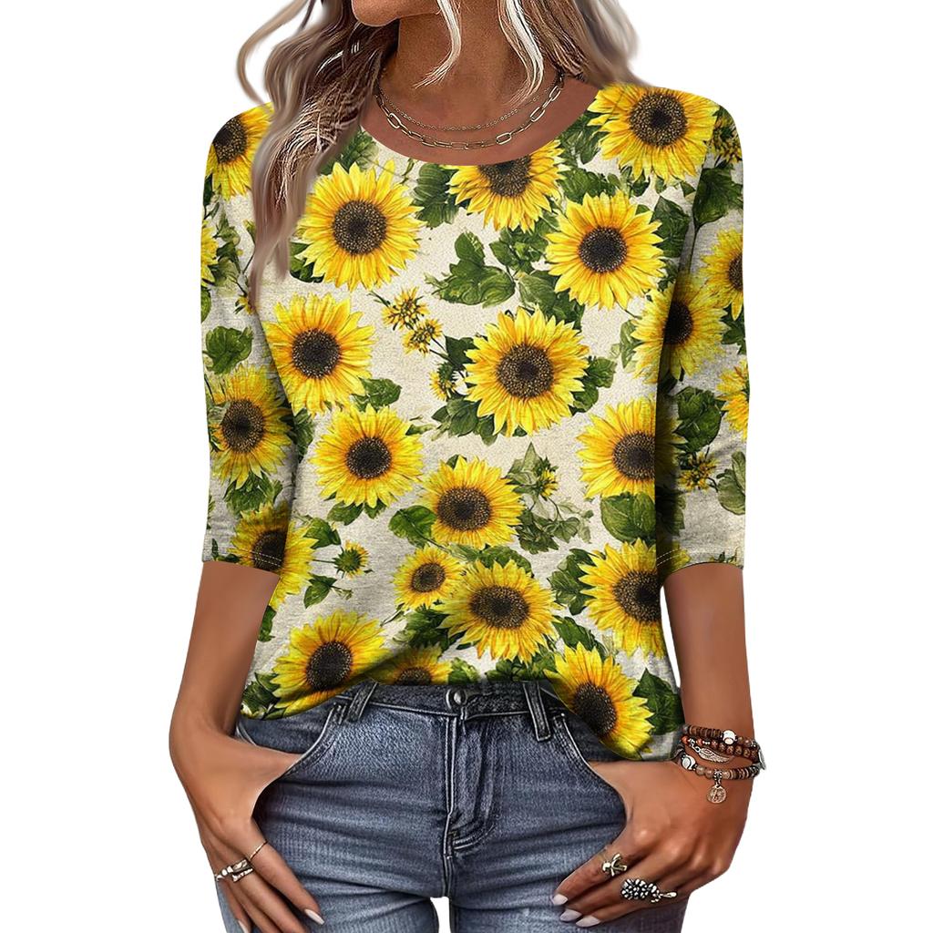 Women's Fashion Casual Round Neck 3/4 Sleeve Loose Printed T-Shirt Ladies Top