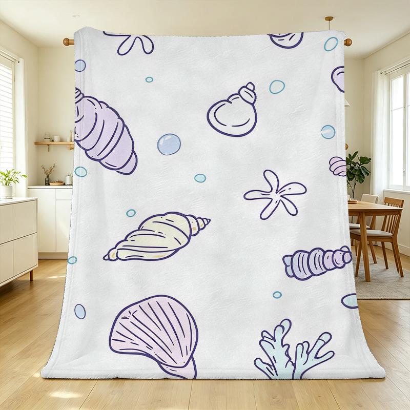 Lightweight Flannel Throw Blanket | Ocean Themed, Shell & Starfish Design - Soft Warm Cozy for Home Decor, Leisure, Christmas & Halloween