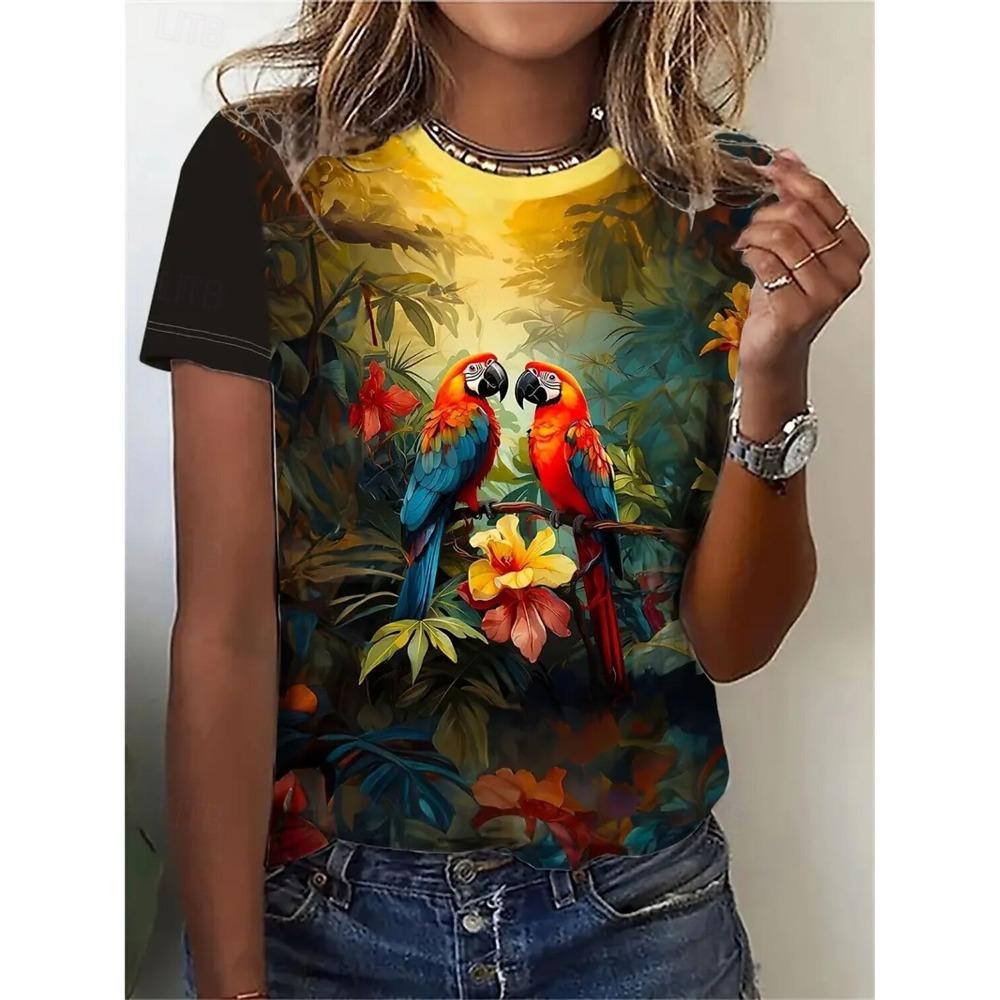 Round Neck 3D Animal Printed Top Fashionable Casual Short Sleeved Women's T-shirts - Soft Medium Stretch Polyester Fabric Summer Relaxed Fit Clothing