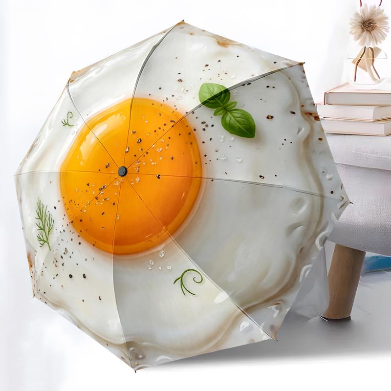 1pc Sturdy 8-Bone Auto Umbrella, Fried Egg Umbrella, Digital Printed, Foldable Umbrella for On-the-Go Outdoor Use