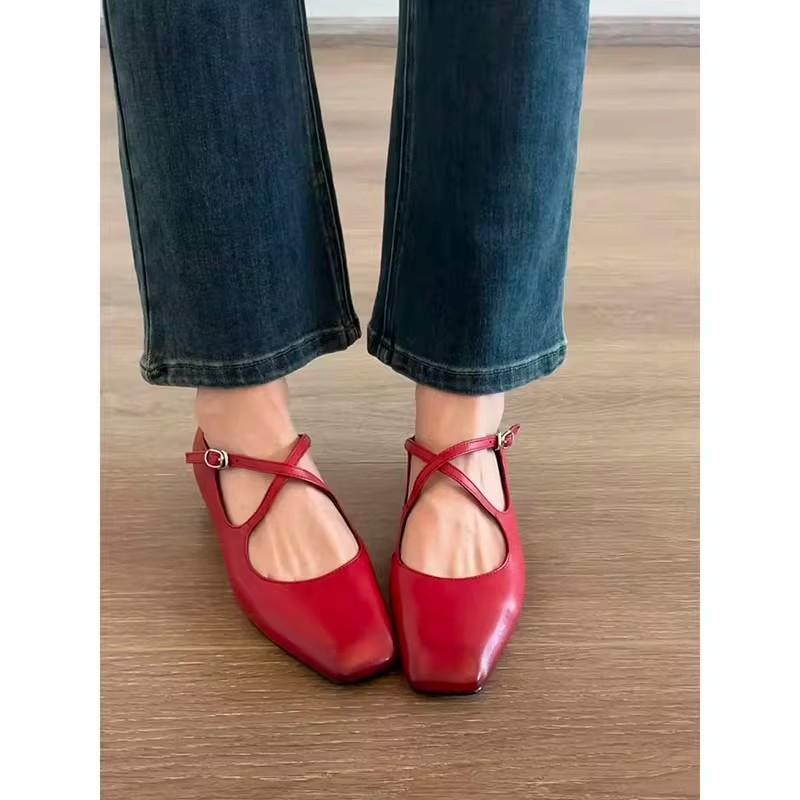 Sheepskin Version In Stock~ Retro Red Fashion Cross-buckle Ballet Shoes Comfortable Temperament Versatile Commuter Single Shoes Women