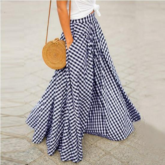 

Korean-Japanese Style Elegant High Waist Plaid Midi Skirt for Women 4XL синій