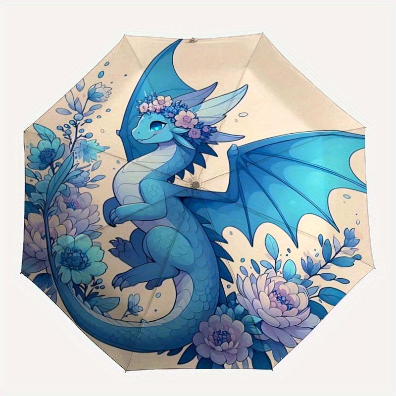 1pc Blue Dragon Amidst Blooming Flowers Automatic Opening and Closing Folding - A Good Choice for Gifts, Fashionable and Convenient Umbrella With Cute