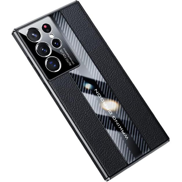 For Samsung S21 Ultra Case Luxury TPU Soft Bumper Carbon Fiber & Genuine Leather Cover Compatible with Samsung Galaxy S21 Ultra 6.8" Inch Case Camera