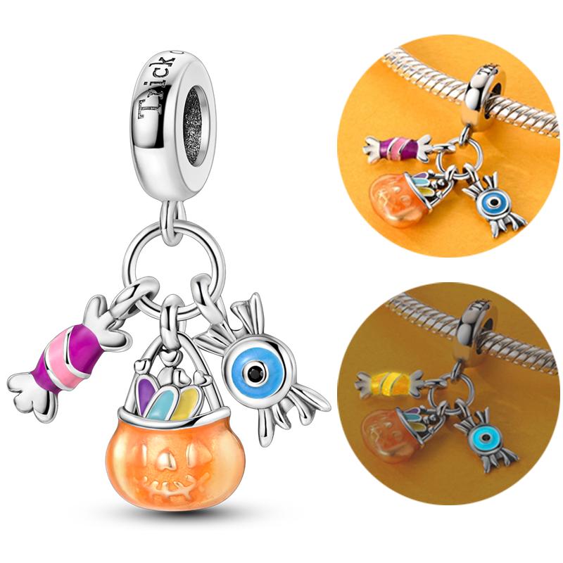 Halloween Copper Charms Beads Pumpkin Skeleton Witch Skull Bat Pendants Fit Bracelet Diy Women Jewelry Gift