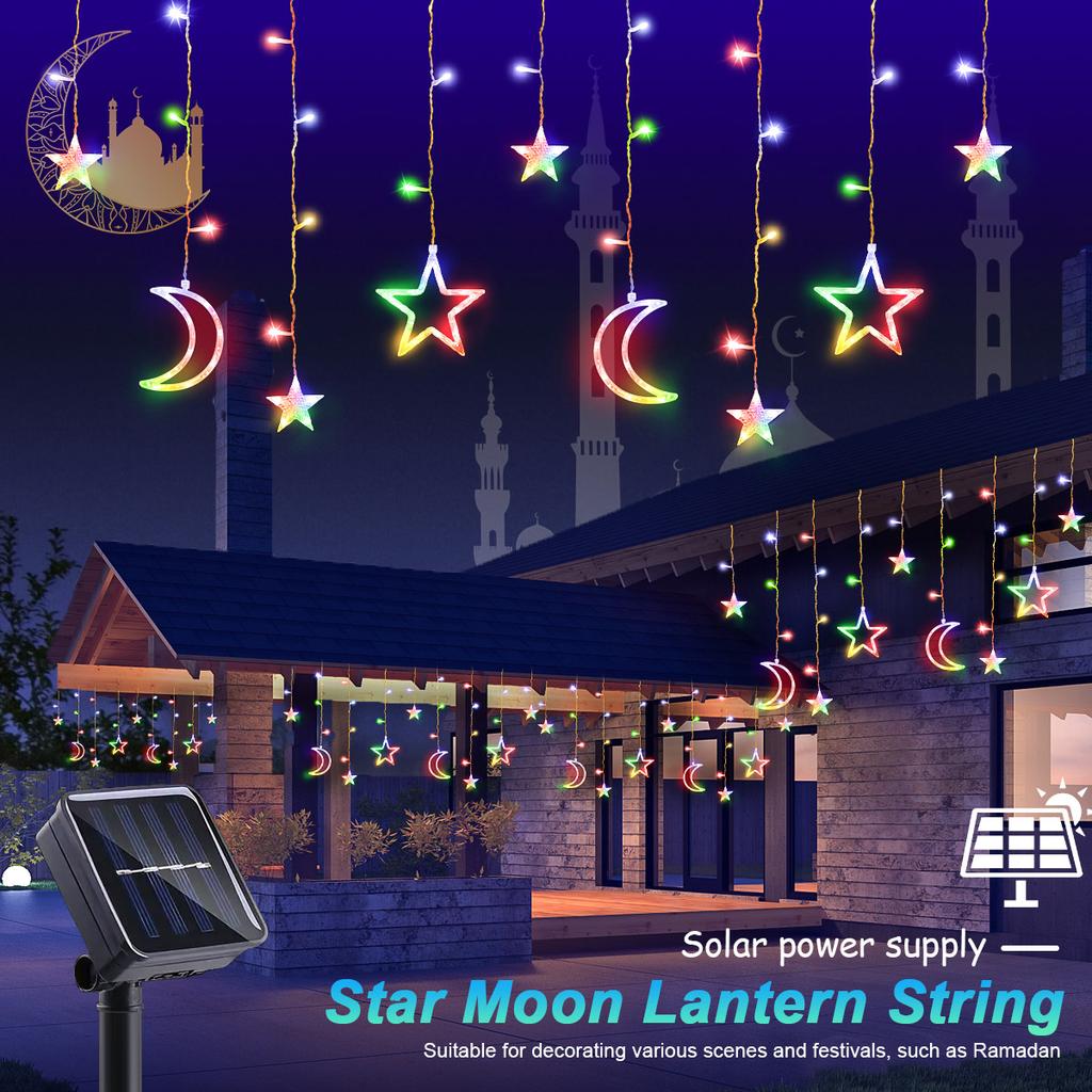 Solar Icicle Lights LED Outdoor Waterproof Moons Stars Curtain Window String with 8 Modes Warm White Hanging Decor for Patio