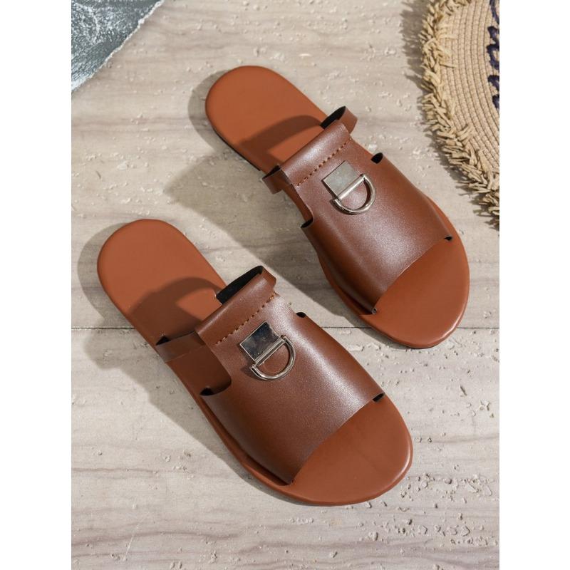 

Плоские тапочки с выемкой в одну линию Летние повседневные пляжные сандалии с открытым носком 43 коричневый