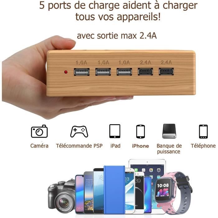 Station de charge - generic - bambou - 5 ports usb - organisateur de câbles - chargeur sécurisé