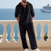 2 Pcs Retro Cross-border Autumn Linen Men's Casual Suit Loose Hooded Henley Shirt Long Sleeve Pants Suit Tracksuits