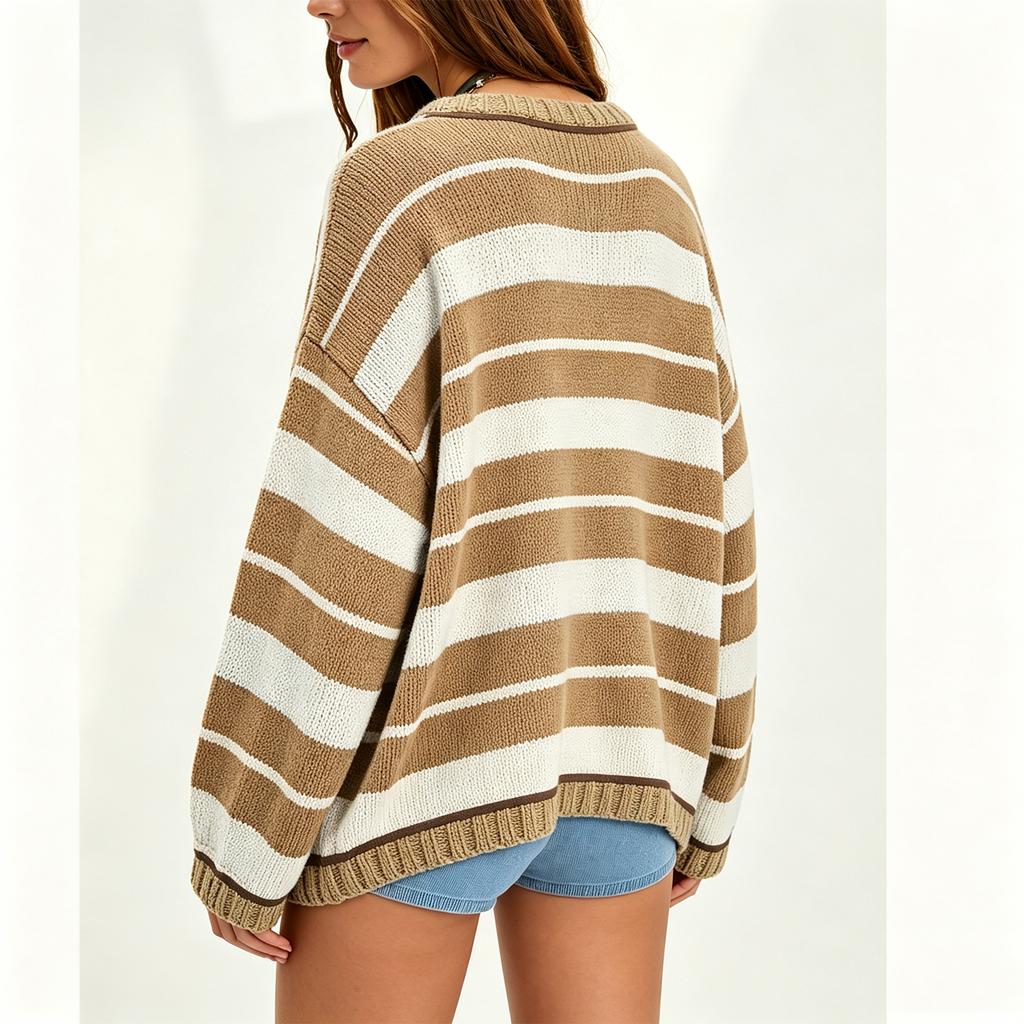 Maglione da Donna Casual a Blocchi di Colore a Righe in Maglia Vestibilità Larga Girocollo Pullover