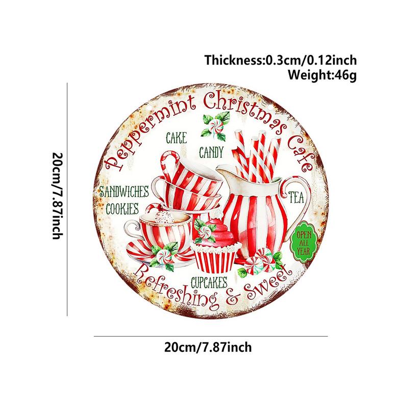 New Year Christmas Wood Sign Yard Art Merry Christmas Cafes Retro Doorplate Pendant Round Candy Cake Teacup Pattern Sign