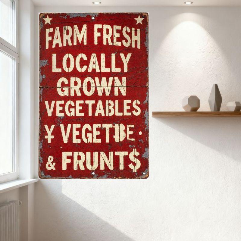 Vintage Farm Fresh Locally Grown Vegetables & Fruits Distressed Tin Sign with Stars, Holes for Hanging - Rustic Antique Produce