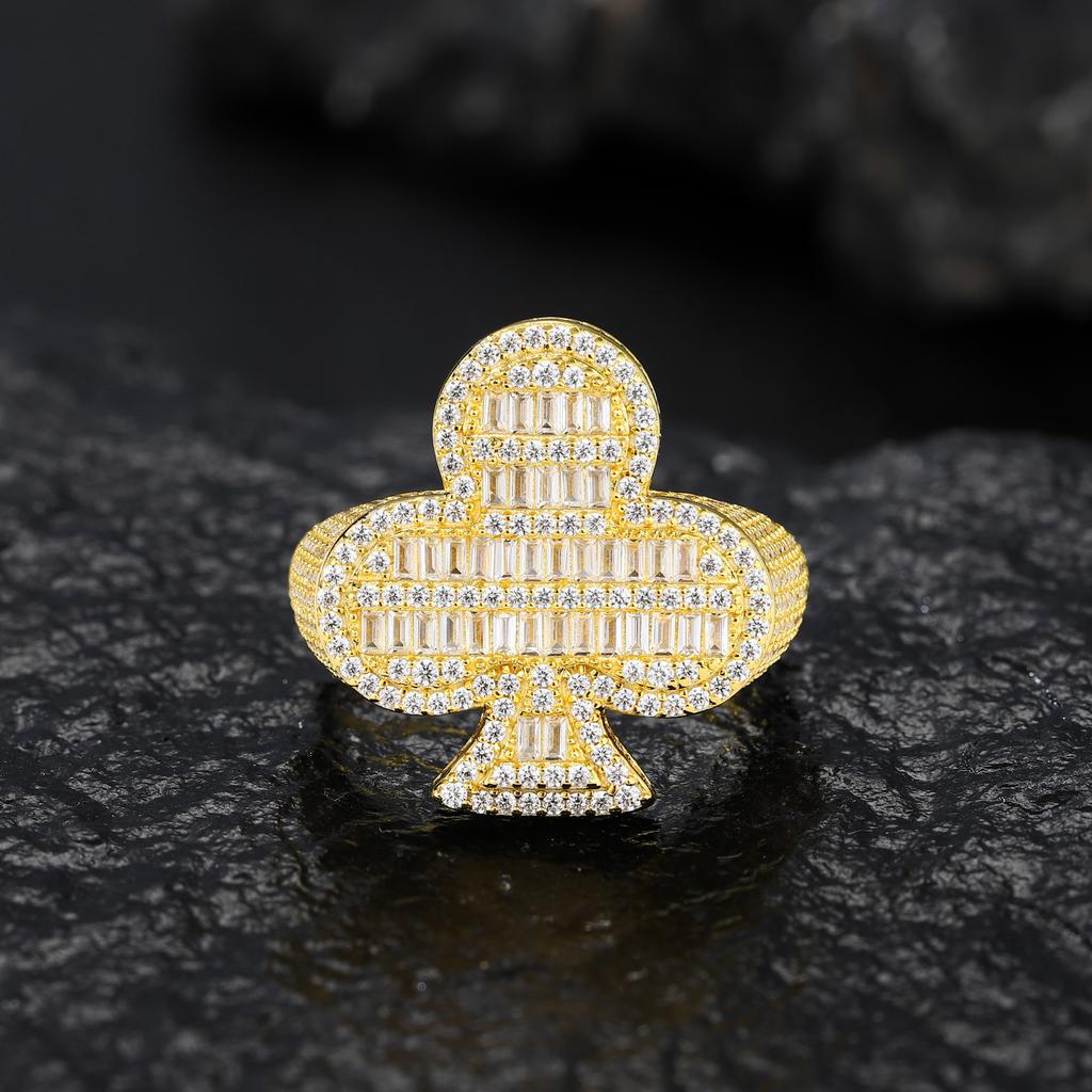Sparkling Statement Rappers Jewelry Gold Plated 925 Sterling Silver VVS Baguette Moissanite Diamond Plum Blossom Ring for Men