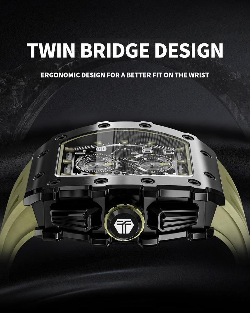 TSAR BOMBA Men's Tonneau Watch 50M Waterproof Classic Sapphire Crystal Silicone Strap Japanese Movement