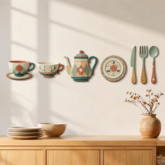 Vintage Tableware Pattern Stickers 7Pcs 2D Flat Kitchen Wooden Wall Decor, Retro Teapot Themed Peel Stick Dining Room Decor Art, Self?Adhesive