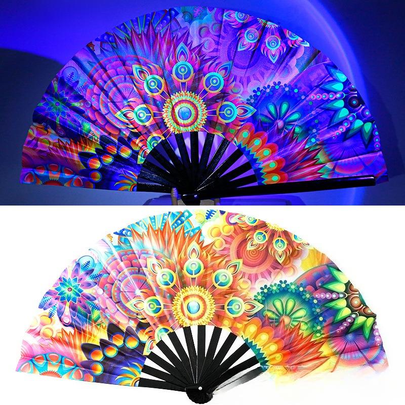 33cm Kung Fu Fan UV Printed Fluorescent Decorative Fans Bamboo Bone Performance Props Decorative Costumes