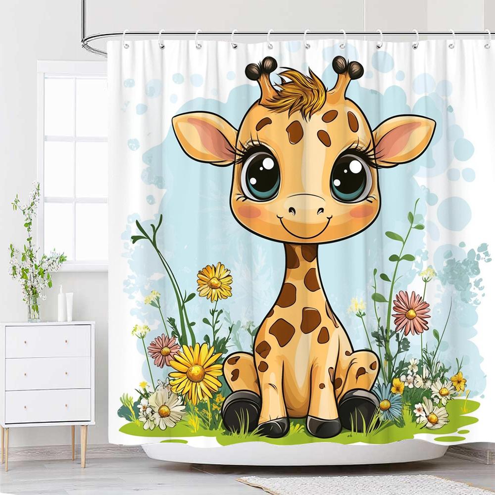 1pc Cartoon Giraffe Shower Curtain Vibrant Digital Illustration with Flowers Light Blue Sky 12 Hooks 70*70 Inchess