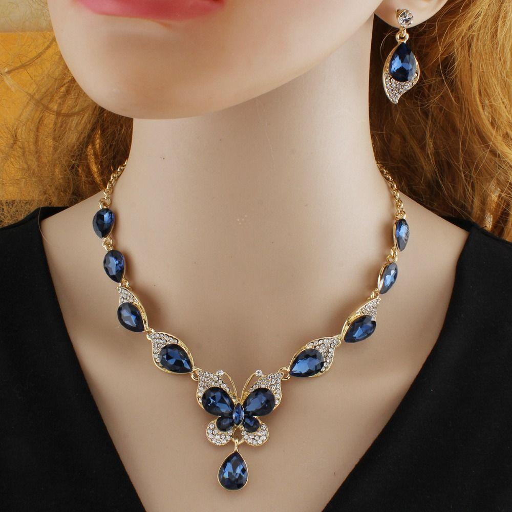 Shining Earrings Necklace Set Bracelet Rhinestone Butterfly Jewelry  Wedding Party