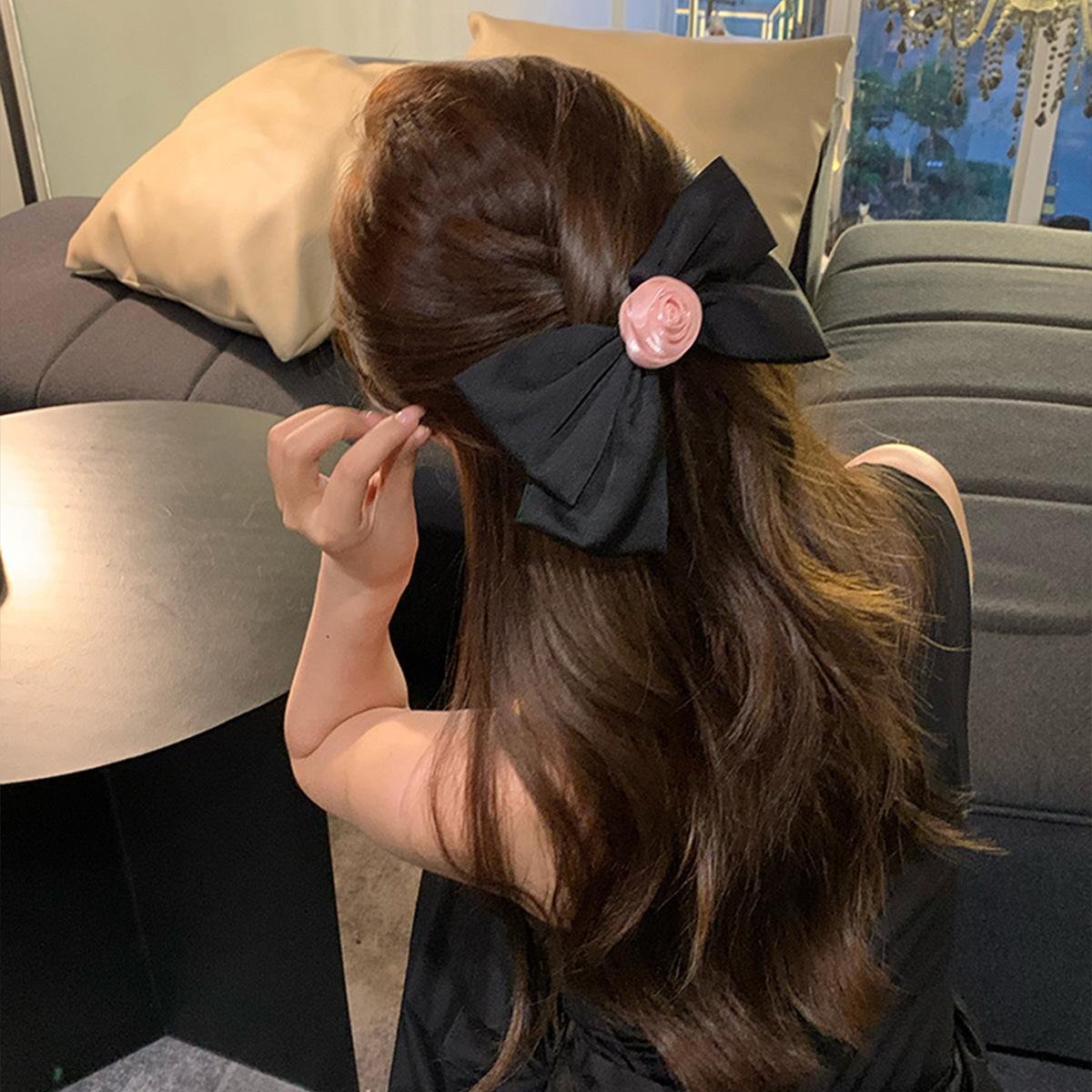 Rose Flower Hairpin Black Velvet Bow Hair Accessories Temperament Small Fragrant Wind Top Clip Back Head Disc Hair Headgear