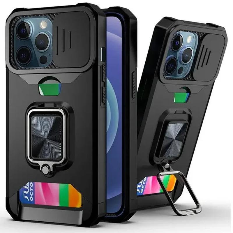 Stoßfestes, schweres Hartschalenetui mit Metallständer und Kartensteckplatz für das iPhone 16 Pro Max 15 Pro Max 14 Pro Max