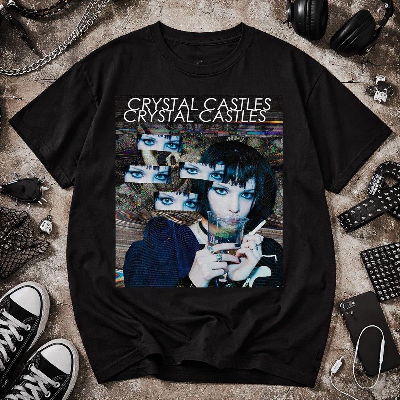 Crystal Castles Graphic Tee | Retro Glitch Eyes Album Art S