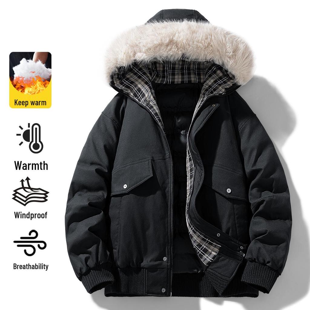Men's Winter Hooded Cotton Jacket with Fur Collar - Thick, Warm, and Trendy Outerwear