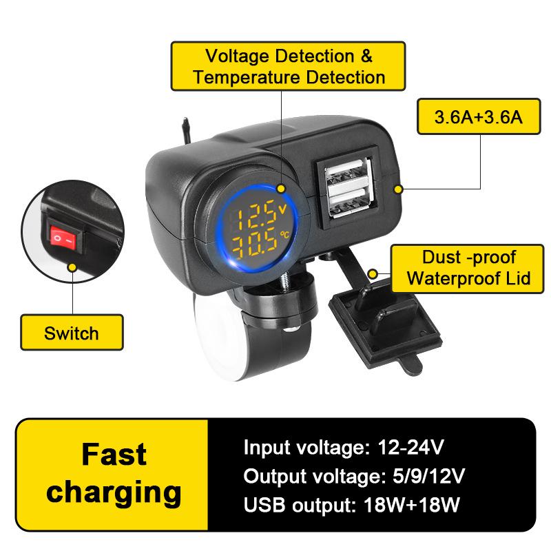 Extractme 36W Dual QC3.0 Motorcycle USB Charger Fast Charging Voltmeter Thermometer Digital Display Mobile Phone Charger Socket