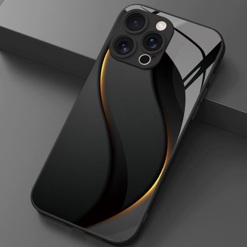 Luxury Wave Line Pattern Tempered Glass Black Phone Case For iPhone 11 12 13 14 15 16 17 Pro Max 17 Air 7 8 Plus XR XS X Cover