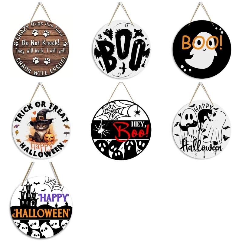 K1AE Halloween Ghostly Door Hanging Sign Decoration Boo Sign Round Sign Farmhouses Front Door Hangers Wreath Home Decors