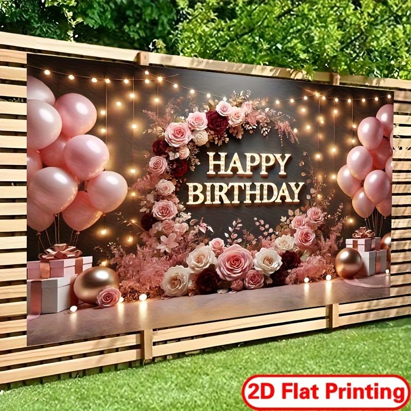 2D Flat Printing Banner, 1 Piece, Elegant Happy Birthday, Background Banner - Rich Floral and Balloon Design