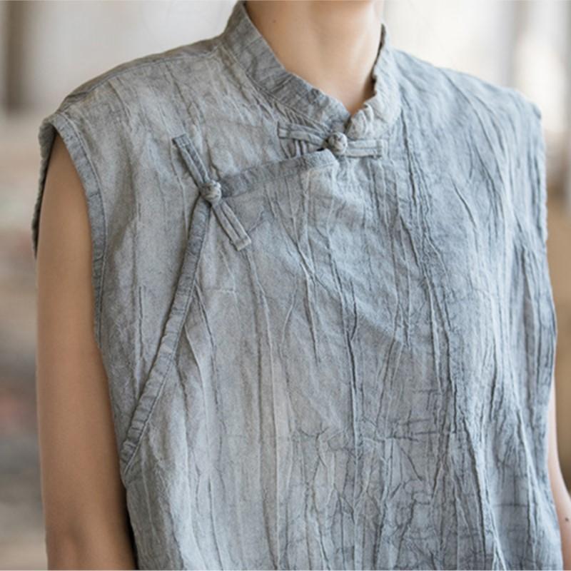 Johnature Women Vintage T-Shirts Sleeveless Summer Stand Tie-dye Chinese Style Button Long T-Shirts