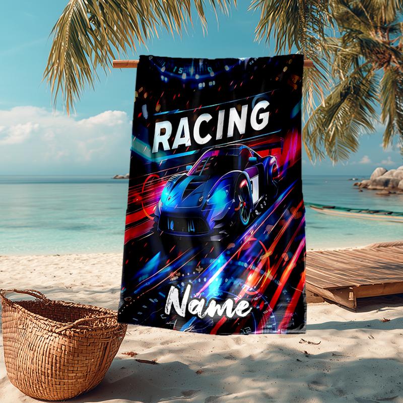 Custom Name Ultra-Soft Beach Towel with Racing Theme,Ideal for Pool - Camping, Diving - Perfect Travel Essential, Vibrant Beach Towel.