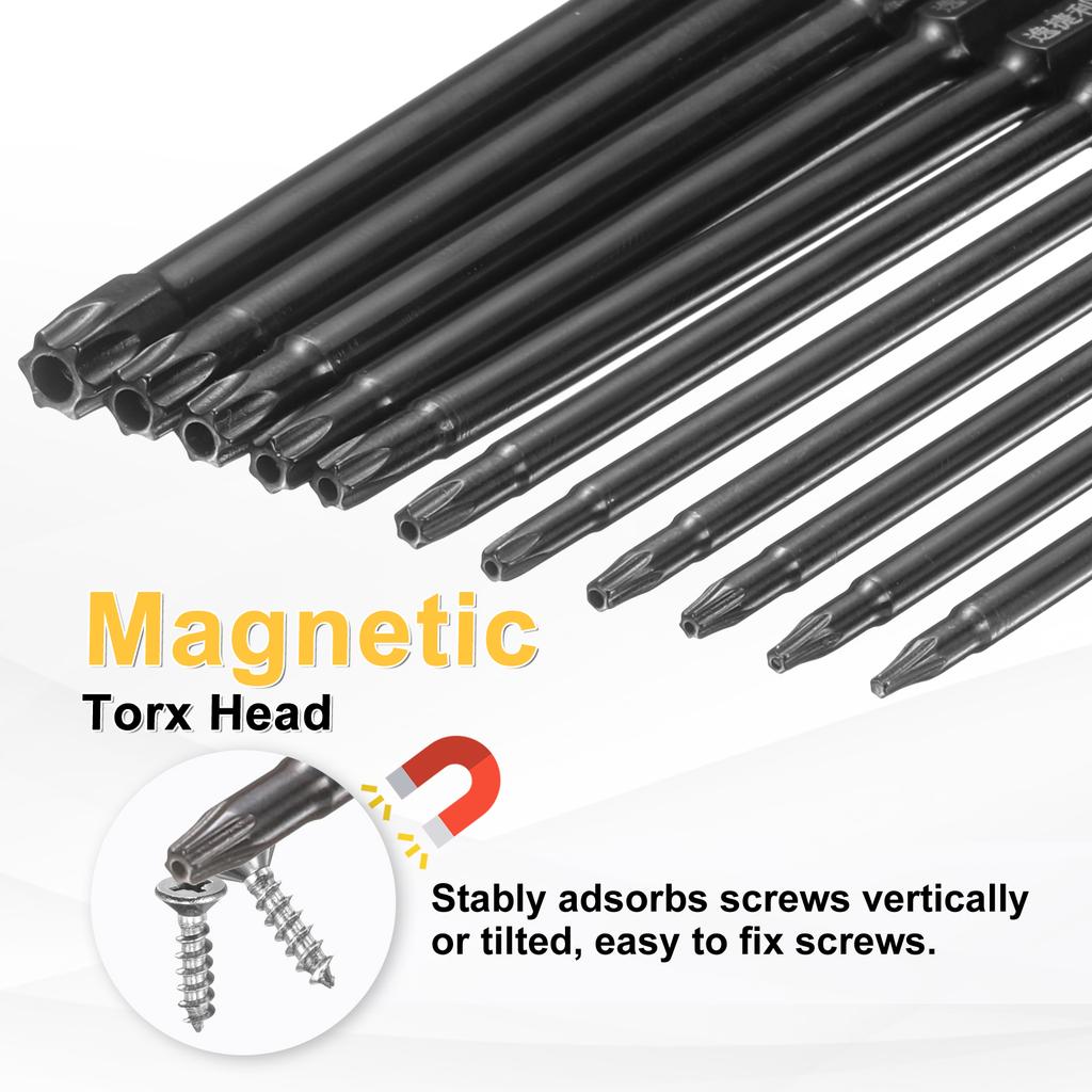 6pcs T6-T40 Torx Screwdriver Bit 1/4" Hex Shank 75mm/100mm S3 Steel Magnetic Tamper Proof Star 6 Point Head Hex Screw Driver Bit