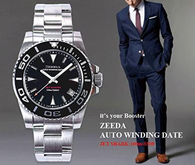 ZEEDA Jet Shark Automatic 10 ATM Water Sapphire 316L Stainless JET SHARK BLU Men's Diver's Watch, Resistant, Crystal, Steel,
